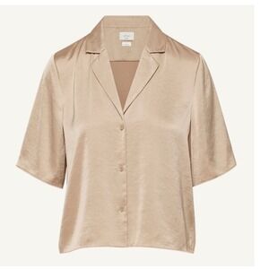 Wilfred Aritzia Tan Satin Short Sleeve Button Up Camp Shirt Blouse Small